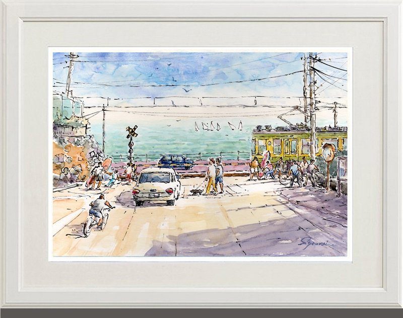 定制原创水彩画江之电/镰鹰前铁路道口夏季场景 - 海报/装饰画/版画 - 纸 蓝色