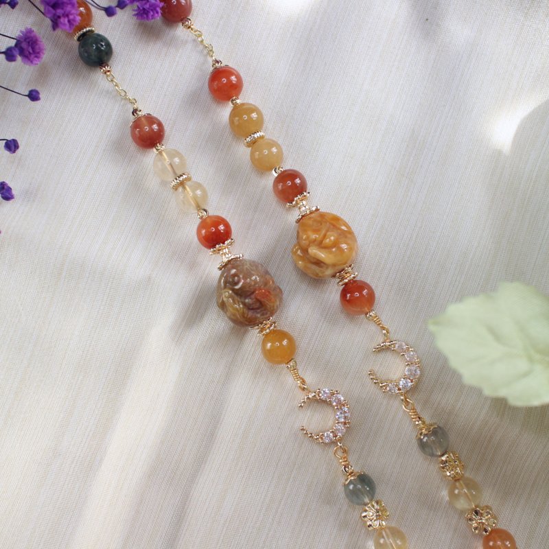 Six Cats 天然彩兔毛 珊瑚玉 兔 14KGF 伴侣 亲子 闺蜜 手链 礼物 - 手链/手环 - 水晶 