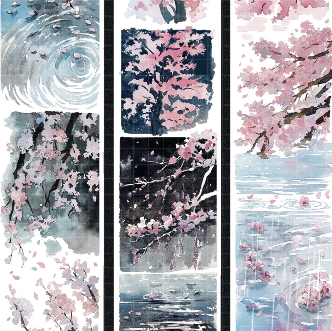 落华 (绯) 桜 水彩 塩顏繪畫 PET 和紙膠帶 貝殼光 10米卷 台灣製 - 纸胶带 - 其他材质 粉红色