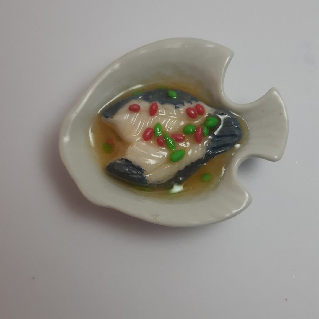 Fish Food Miniature Dollhouse steamed seafood dish collectible decorate - 摆饰 - 粘土 白色