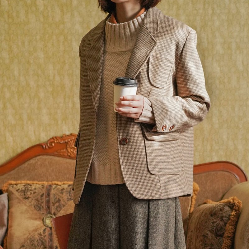 千鸟格羊毛西装外套|外套|冬款|羊毛混纺|Sora-654 - 女装西装外套/风衣 - 羊毛 