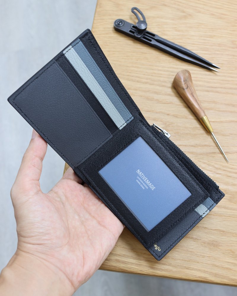 订制 法国山羊皮短银包 8 卡 2 相 1 暗格 1 纸币 1 拉链散银 短夹 钱包 - 皮夹/钱包 - 真皮 黑色