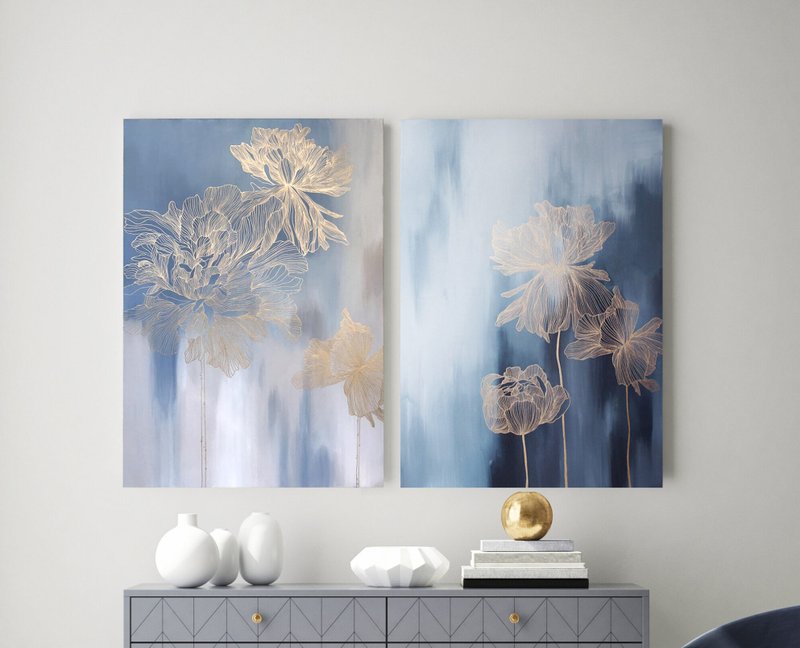 两套浅蓝色墙面花卉艺术 | 金蓝色花卉绘画 | 薄型套装 - 墙贴/壁贴 - 棉．麻 蓝色