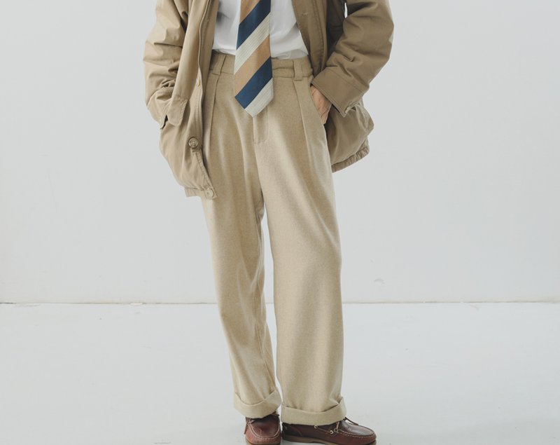 【腔调作家】法式复古 羊毛混纺/呢料西装裤 - 中性裤装 - 棉．麻 卡其色