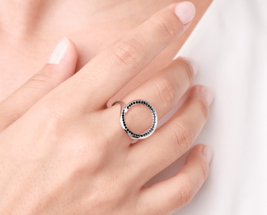 黑钻石圆环结婚戒指 14k白金另类光环婚戒 独特业力订婚指环 - 戒指 - 贵金属 黑色