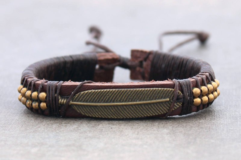  皮革手链珠子男士男女皆宜的魅力黄铜羽毛黄铜瑜伽 - 手链/手环 - 真皮 