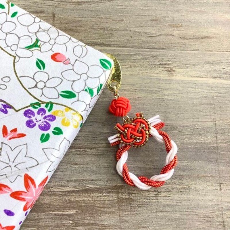 御朱印帐 书签 水引【迷你花环】书签夹 日式风格 手帐 红色 白色 - 书签 - 其他金属 金色