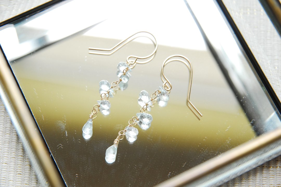 Aquamarine drop vertical connection earrings 14kgf - 耳环/耳夹 - 半宝石 蓝色