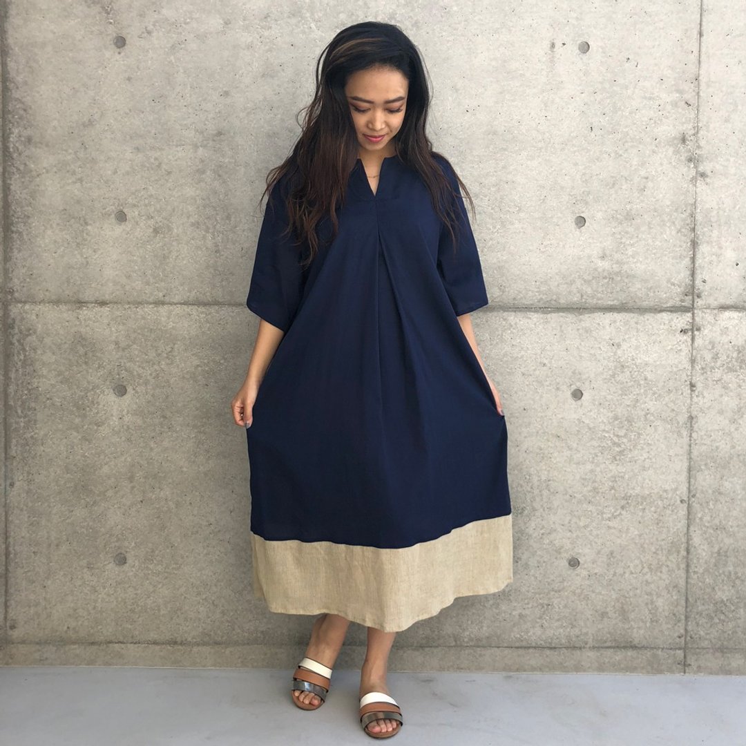 Cotton 100 bicolor slit neck dress dress - 洋装/连衣裙 - 棉 蓝色