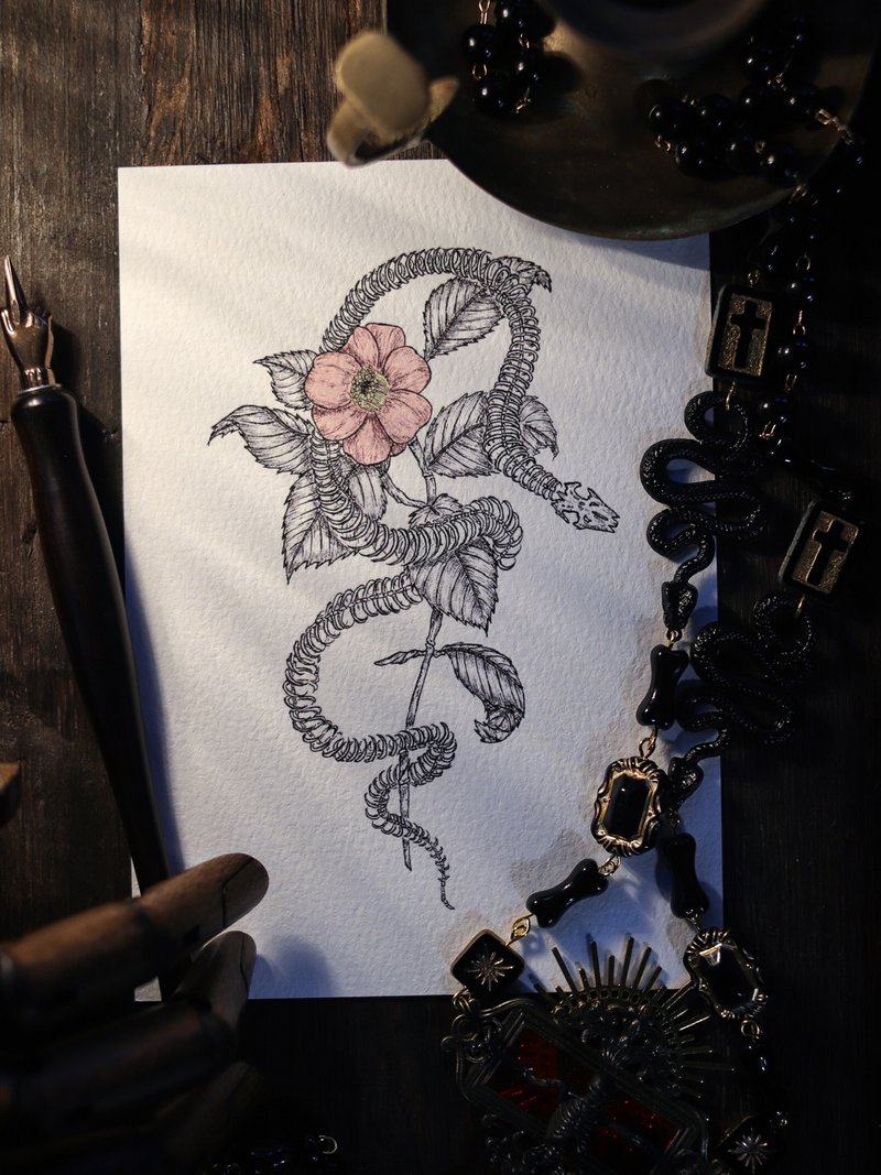复制画明信片 蛇骨与花 - 卡片/明信片 - 纸 黑色