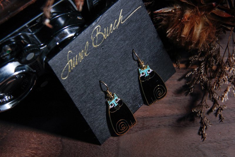 【古董饰品/西洋老件】美国Laurel Burch奥利维雅猫14K金古董耳环 - 耳环/耳夹 - 珐琅 黑色