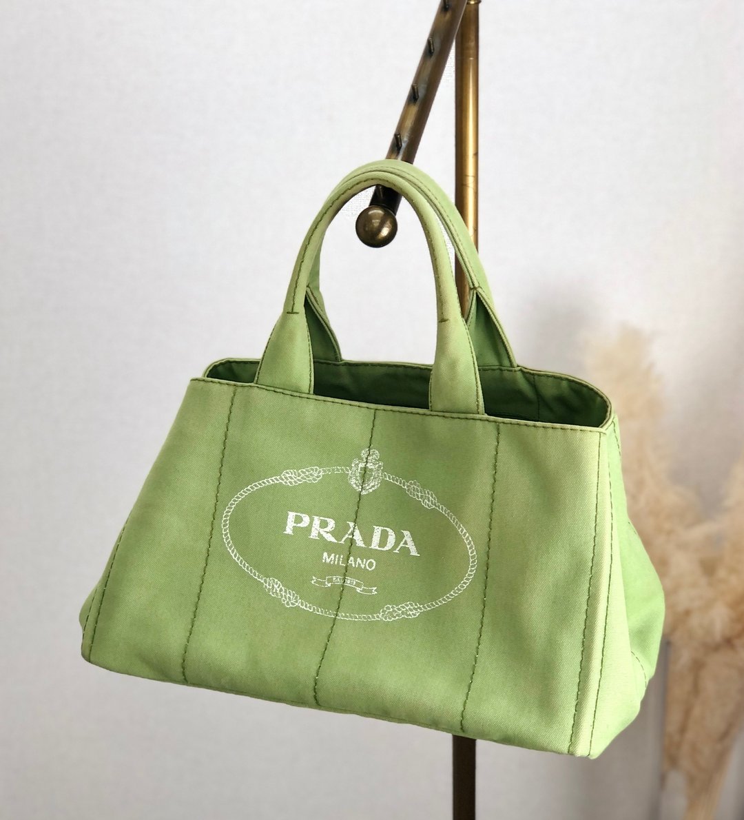 【日本直送，名牌二手包装】PRADA Canapa 手袋 浅绿Logo三角板帆布手袋 ga2t4v - 手提包/手提袋 - 真皮 绿色