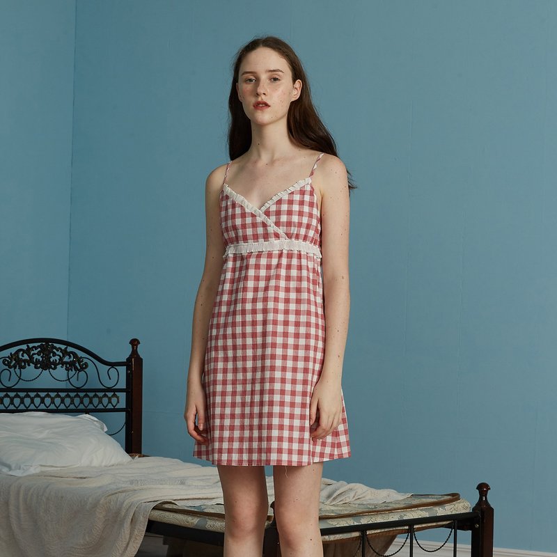 纯棉睡衣吊带裙复古短款 原创设计格纹花边家居服女 - 居家服/睡衣 - 棉．麻 粉红色
