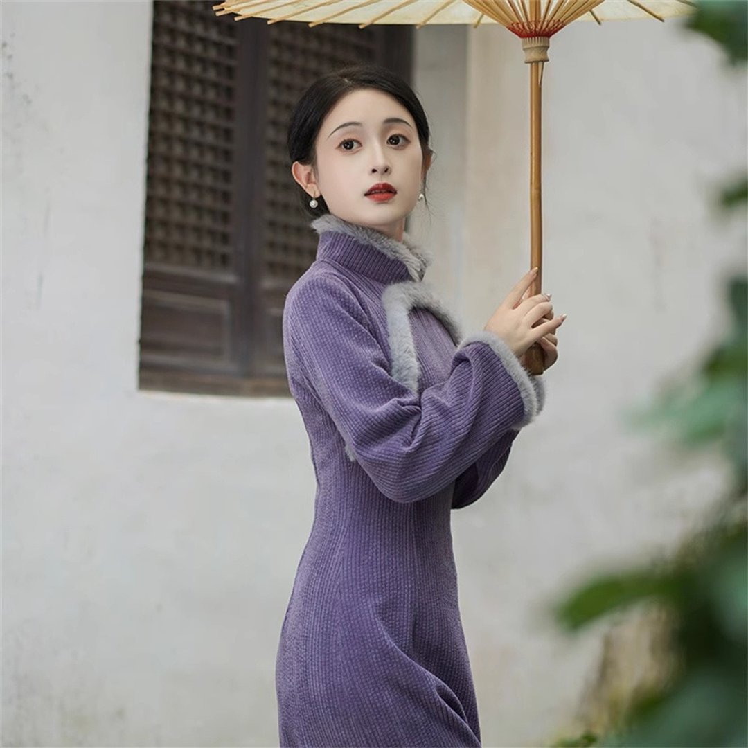 木蘭 紫色改良旗袍 秋冬季長袖洋裝 國風復古日常少女連衣裙 - 旗袍 - 聚酯纤维 紫色