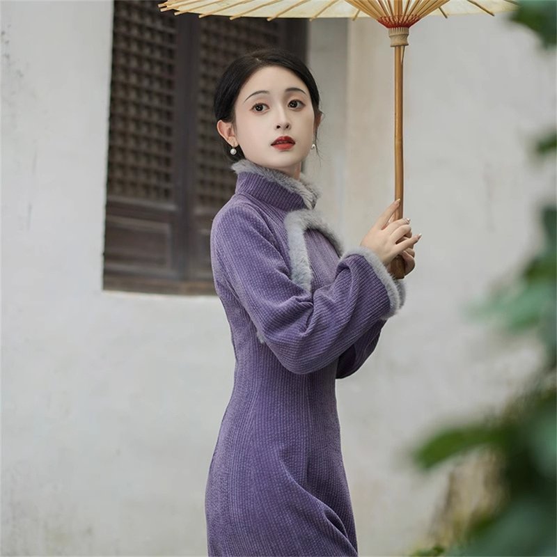 木蘭 紫色改良旗袍 秋冬季長袖洋裝 國風復古日常少女連衣裙 - 旗袍 - 聚酯纤维 紫色