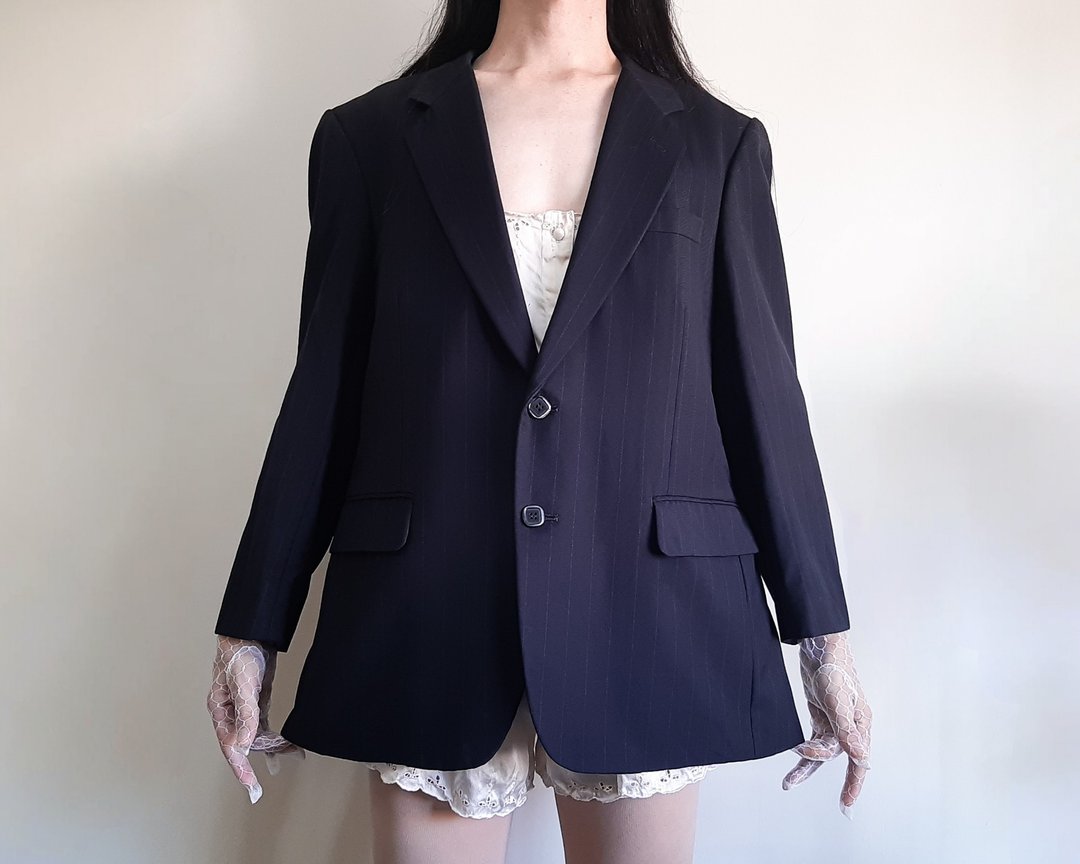 复古 PIERRE BALMAIN Paris 细条纹海军蓝超大款西装外套 - 女装西装外套/风衣 - 羊毛 蓝色