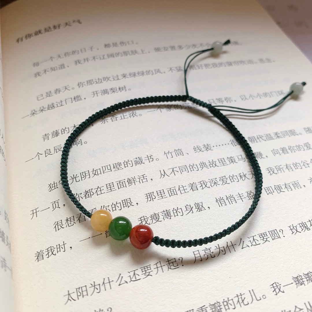 手作 又绿江南岸。天然翡翠+碧玉+玛瑙古风编织手链 复古平安手绳 - 手链/手环 - 玉石 绿色