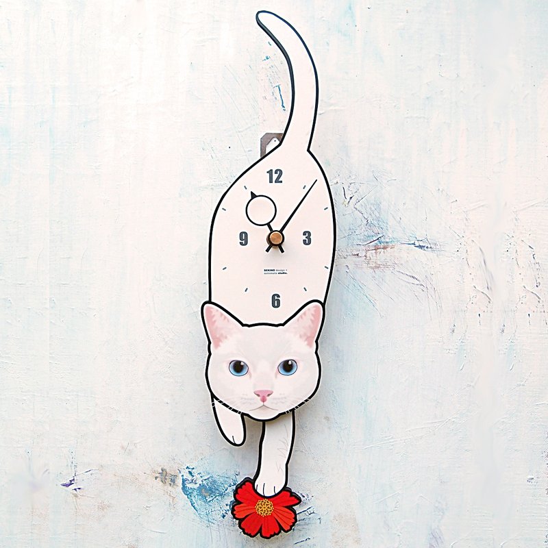 C-58 白猫(青目) - 动物造型钟摆钟 - 时钟/闹钟 - 木头 白色