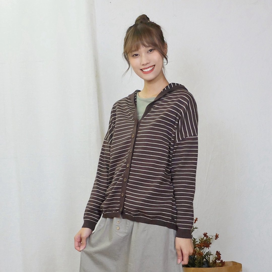 Hana Mokuba 宽松落肩连帽条纹针织外套 - 女装针织衫/毛衣 - 其他材质 