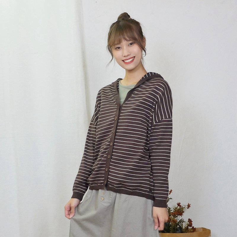 Hana Mokuba 宽松落肩连帽条纹针织外套 - 女装针织衫/毛衣 - 其他材质 