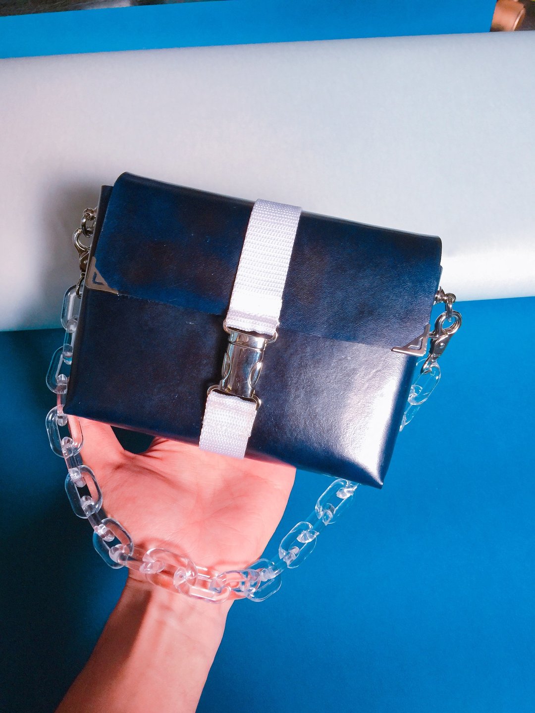Lunch Box Leather Bag - 手拿包 - 真皮 蓝色