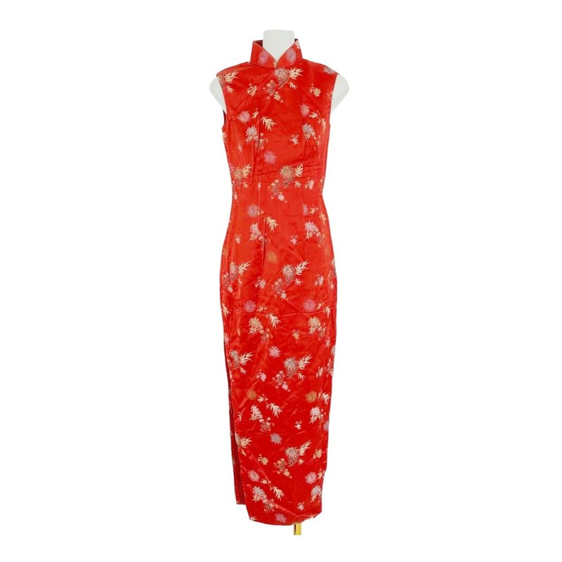 二手 红色 缎面 刺绣 古董订制 旗袍 OPF329 - 洋装/连衣裙 - 聚酯纤维 红色