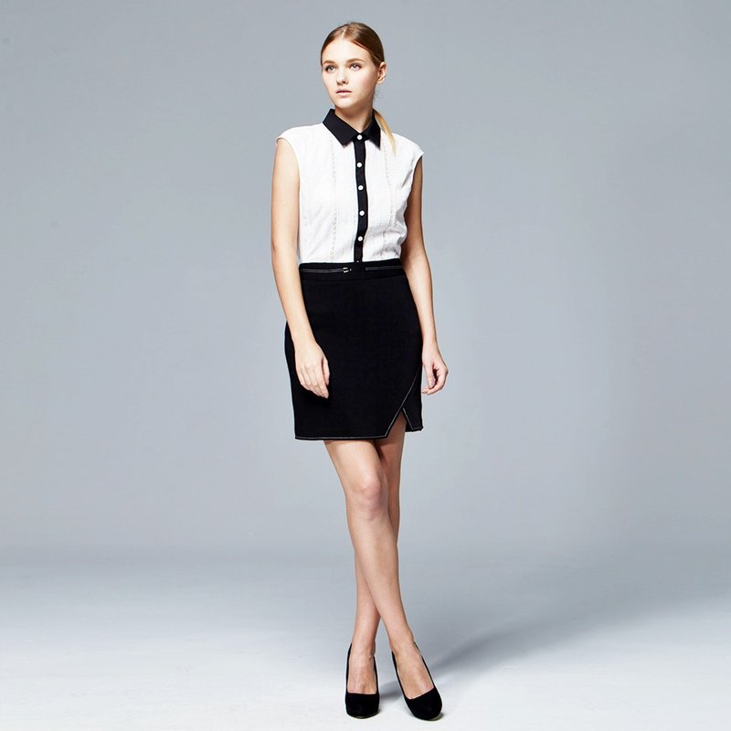 黑色开岔短裙 - 裙子 - 聚酯纤维 黑色