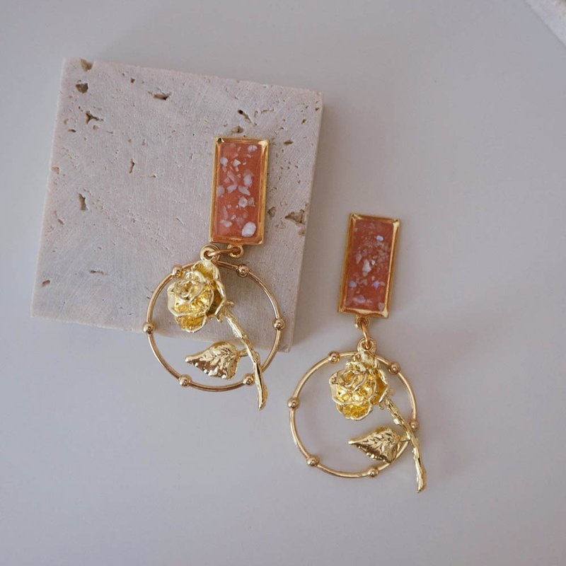 耳环 | 柑橘玫瑰花圈 - 耳环/耳夹 - 树脂 橘色