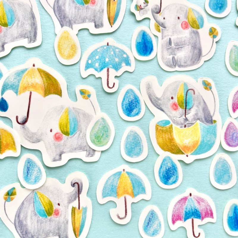 雨中大象随机贴纸（附明信片） - 贴纸 - 纸 蓝色