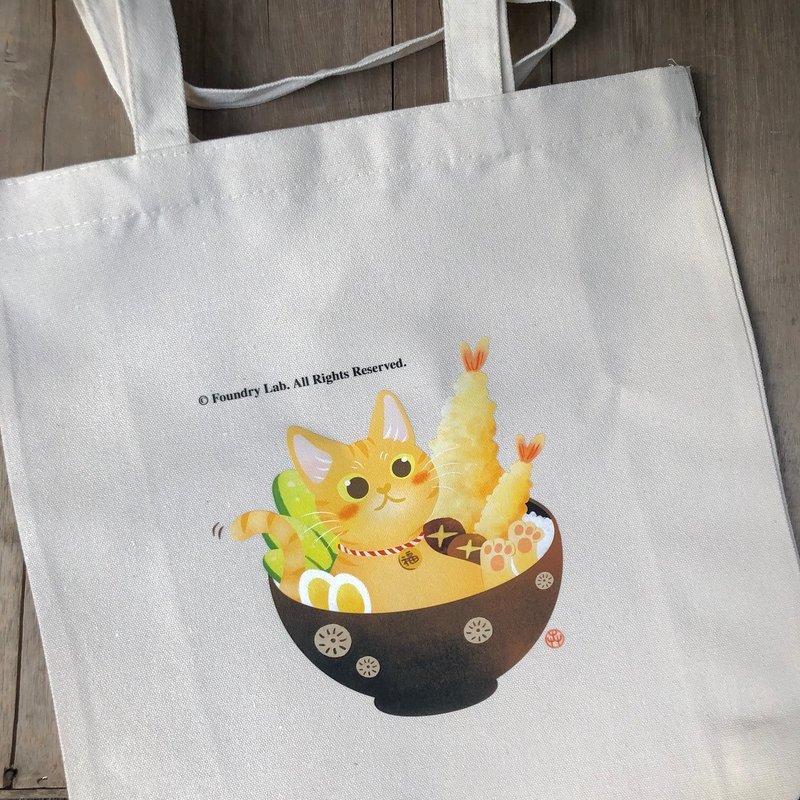 橘猫井饭－猫咪插画有底厚帆布提袋 - 手提包/手提袋 - 其他材质 橘色