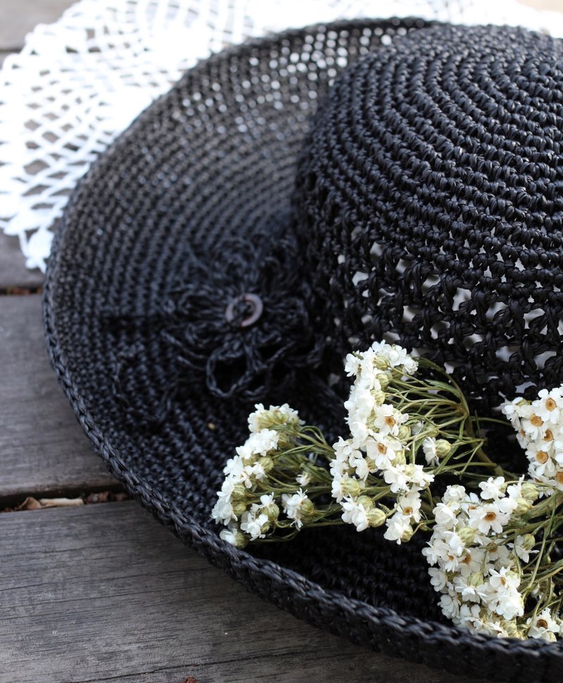 手作-花样编织大帽檐-钟型帽/遮阳帽-出游/轻旅行/生日礼物 - 帽子 - 竹 黑色