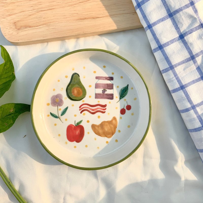 Picnic recipe ceramic plate (L) | Green edge - 盘子/餐盘/盘架 - 陶 绿色