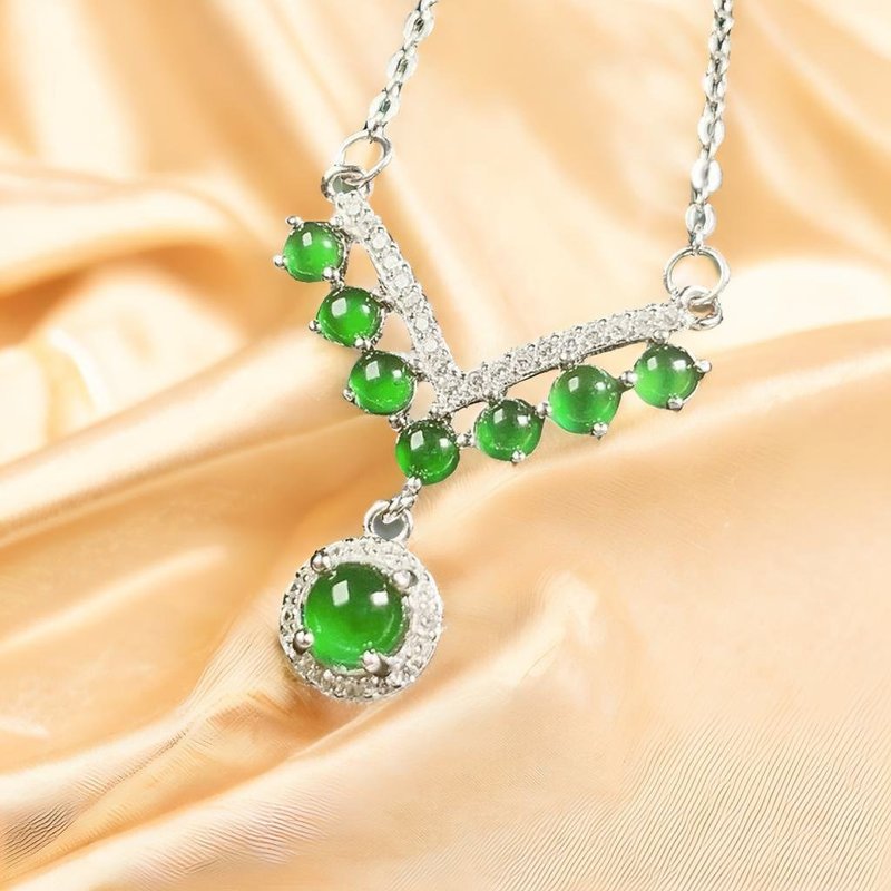 冰种老坑绿翡翠蛋面锁骨链项链 925纯银 | 天然翡翠A货 | 送礼 - 项链 - 玉石 绿色