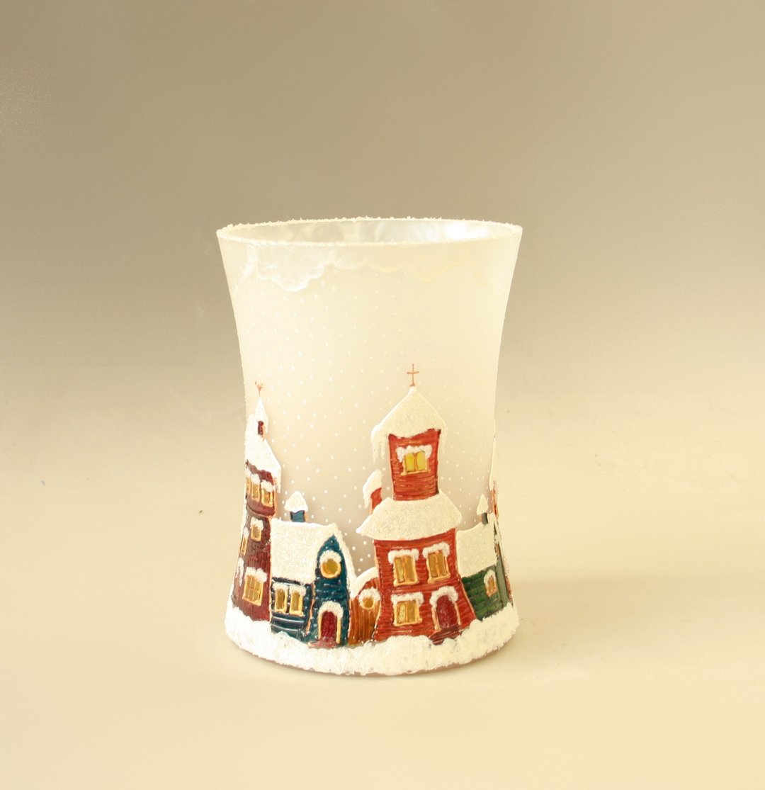 Winter Village Snow Matt Glass Vase Lamp Hand Painted Snowflakes CandleHolder - 摆饰 - 玻璃 多色