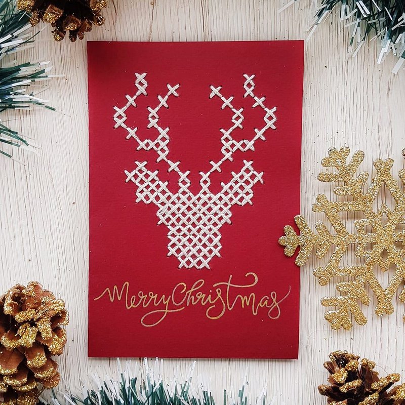 手作圣诞卡 (麋鹿十字绣款) - 卡片/明信片 - 纸 红色