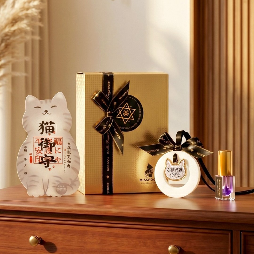 宠物友善 御守水晶香氛礼盒・6 款开运招财 猫扩香石 + 精油喷雾 - 香薰/精油/线香 - 精油 金色