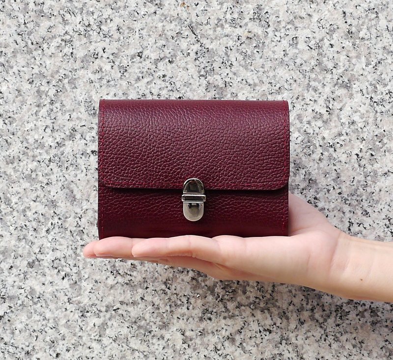 酒红色 简约椭圆插扣风琴短夹 - 皮夹/钱包 - 真皮 红色