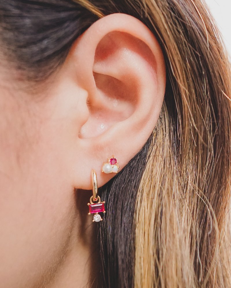 2-way 红宝石闪亮耳扣 - 925银耳环 - 14K耳环 - 锆石 - 耳环/耳夹 - 其他金属 金色