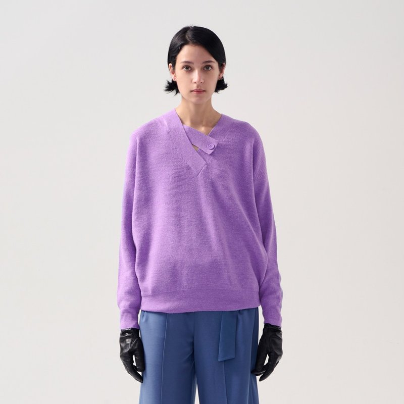 AVVJOY | V领系带针织毛衣长袖宽松浅紫色 - 女装上衣 - 其他材质 
