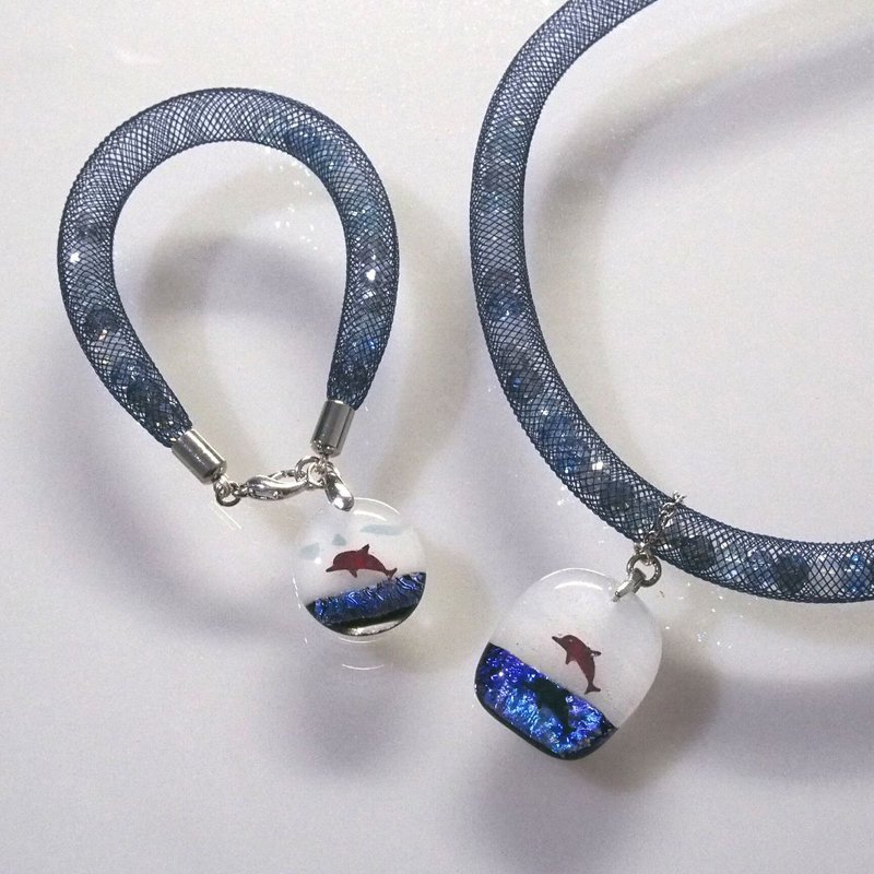 琉光晶钻项链手链套组-琉璃坠 - 项链 - 琉璃 蓝色