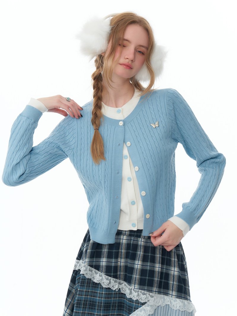 ziziFei秋冬季美式设计感撞色拼接假两件蓝色麻花毛衣开衫外套女 - 女装针织衫/毛衣 - 其他材质 蓝色