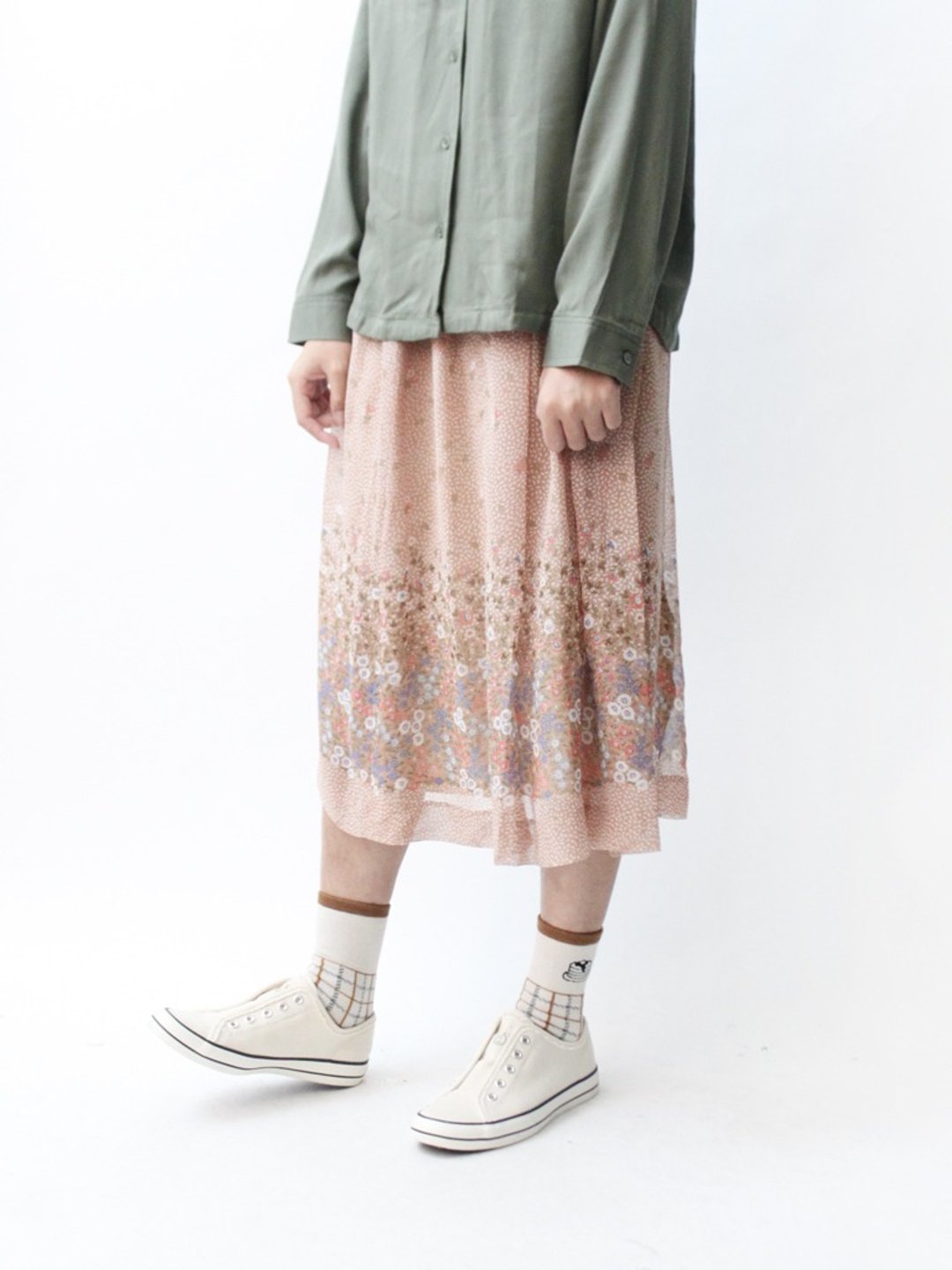 【RE1005SK165】秋复古日本暗粉橘碎花古着裙vintage skirt - 裙子 - 聚酯纤维 橘色