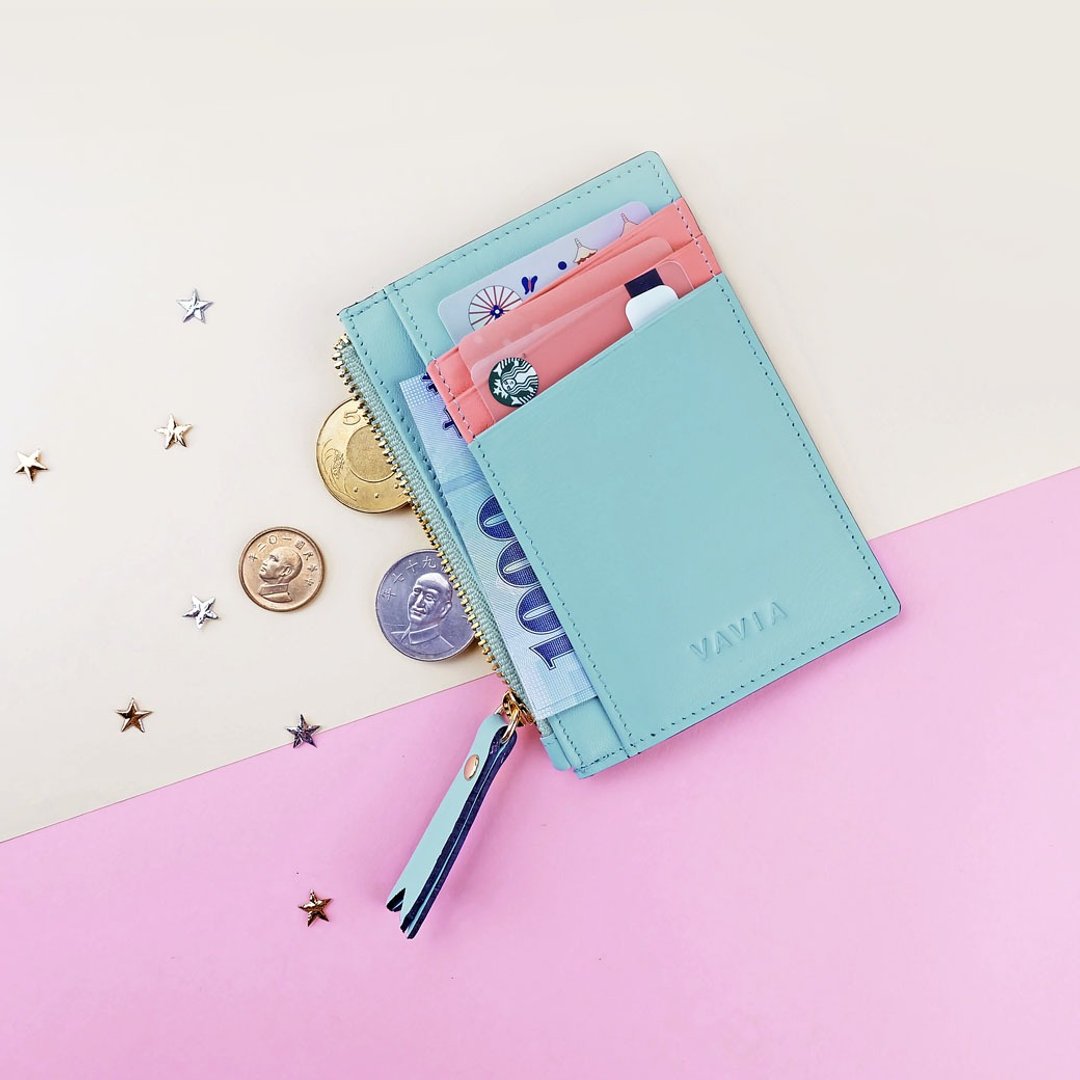 Mint Blue & Coral Pink: Zipped Card Purse / Cow Leather - 皮夹/钱包 - 真皮 蓝色