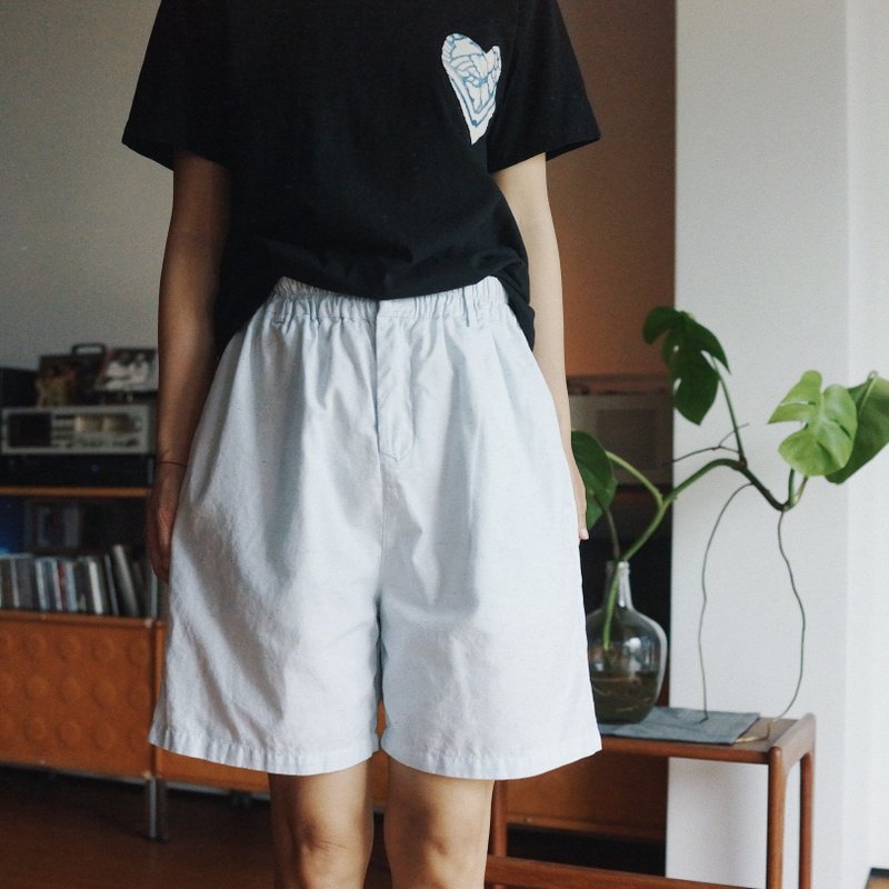 淺藍色 寬松五分褲 織幻彩斜紋純棉 中性夏季休閒短褲中褲 - 女装短裤 - 棉．麻 蓝色