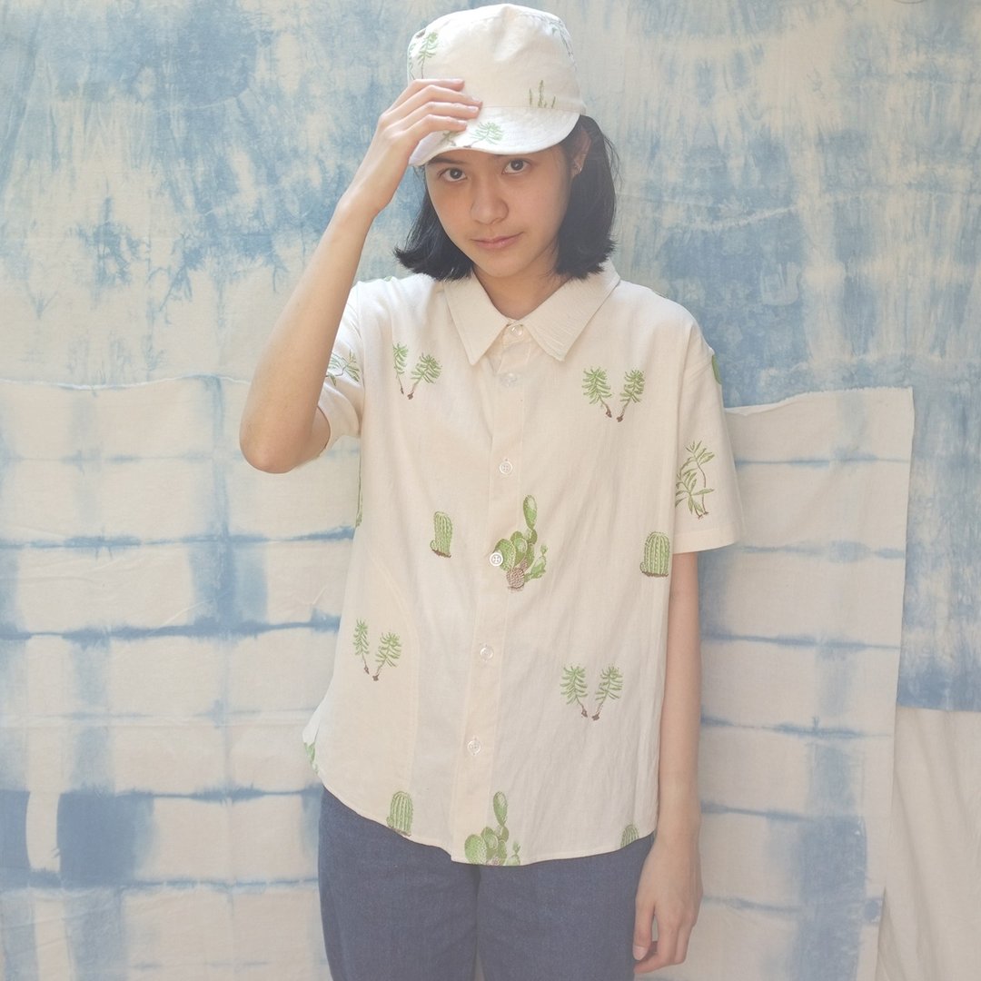 linnil: Cactus shirt with hidden pocket - limited printed on 100% cotton - 女装衬衫 - 棉 白色