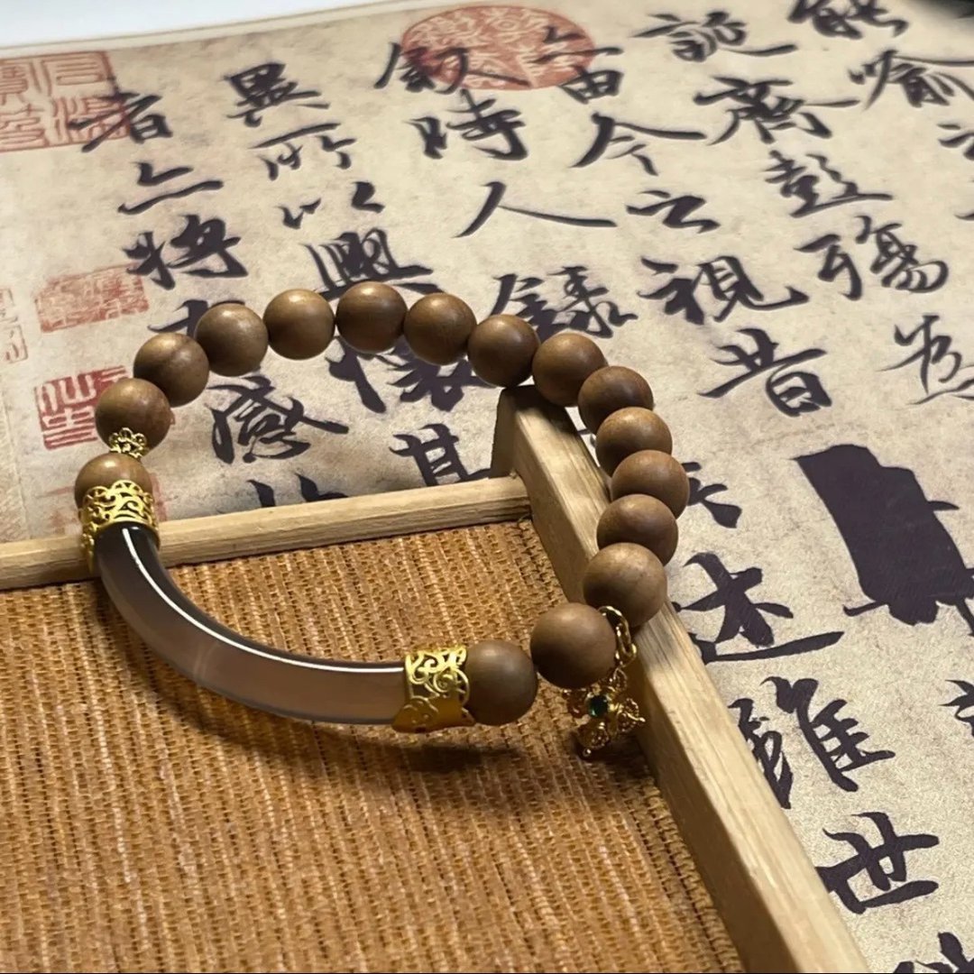 8mm天然老山檀珠 烟紫玛瑙半镯纯银镶嵌设计单圈手串 - 手链/手环 - 木头 咖啡色