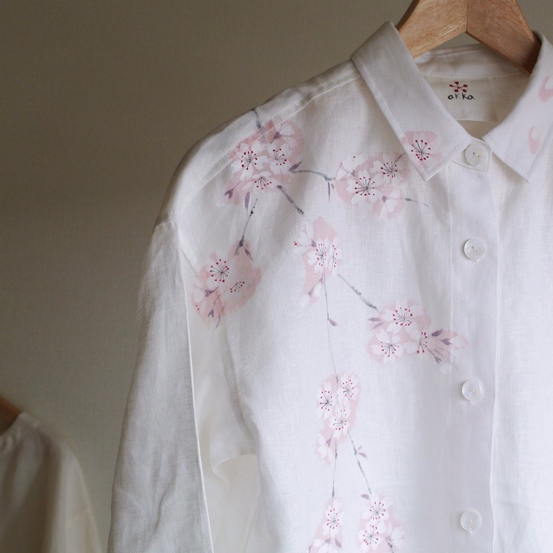 Linen shirt dress white cherry blossoms - 洋装/连衣裙 - 棉 白色