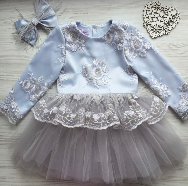 Blue and grey dress with lace feather and pearls, blouse and skirt for baby girl - 童装礼服/连衣裙 - 其他材质 蓝色