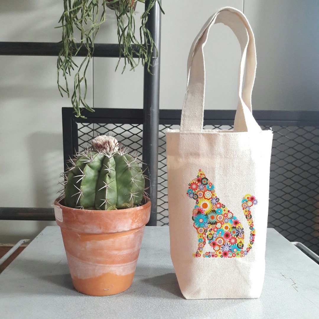 Floral Cat 帆布 袋 咖啡 随行杯 手机 钱包 饮料 提袋 花 猫 碎花 设计 插画 艺术 - 随行杯提袋/水壶袋 - 其他材质 白色