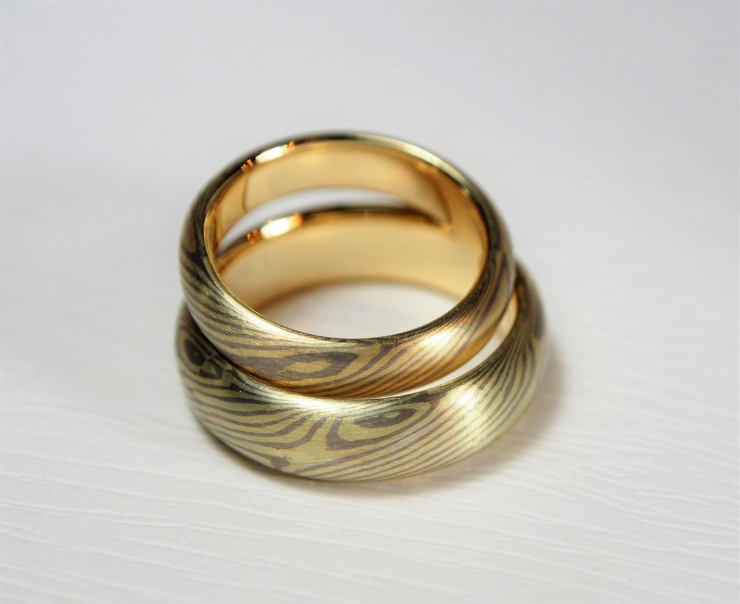 木目金 婚戒 对戒 木纹金 (K金 / 钻石 ) Mokume Gane 婚戒订制 - 对戒 - 贵金属 金色